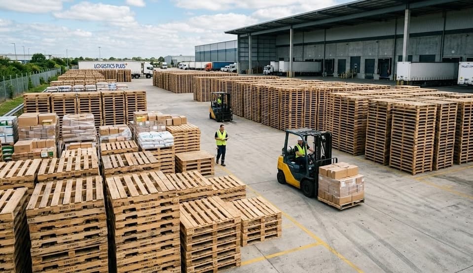 Bakersfield Pallet Co. yard with thousands of pallets ready for delivery