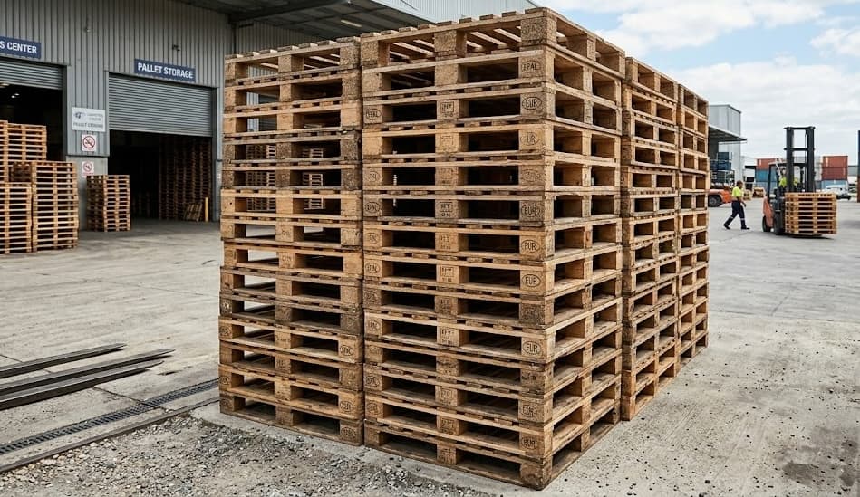 Neatly stacked pallets in rows at Bakersfield Pallet Co. inventory yard