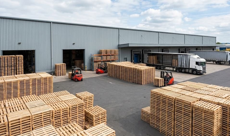 Bakersfield Pallet Co. large facility with multiple forklifts and trucks showing company growth