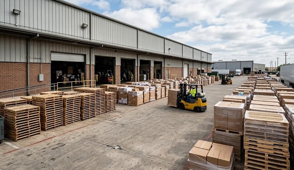 Bakersfield Pallet Co. warehouse operations with shipping dock and forklifts
